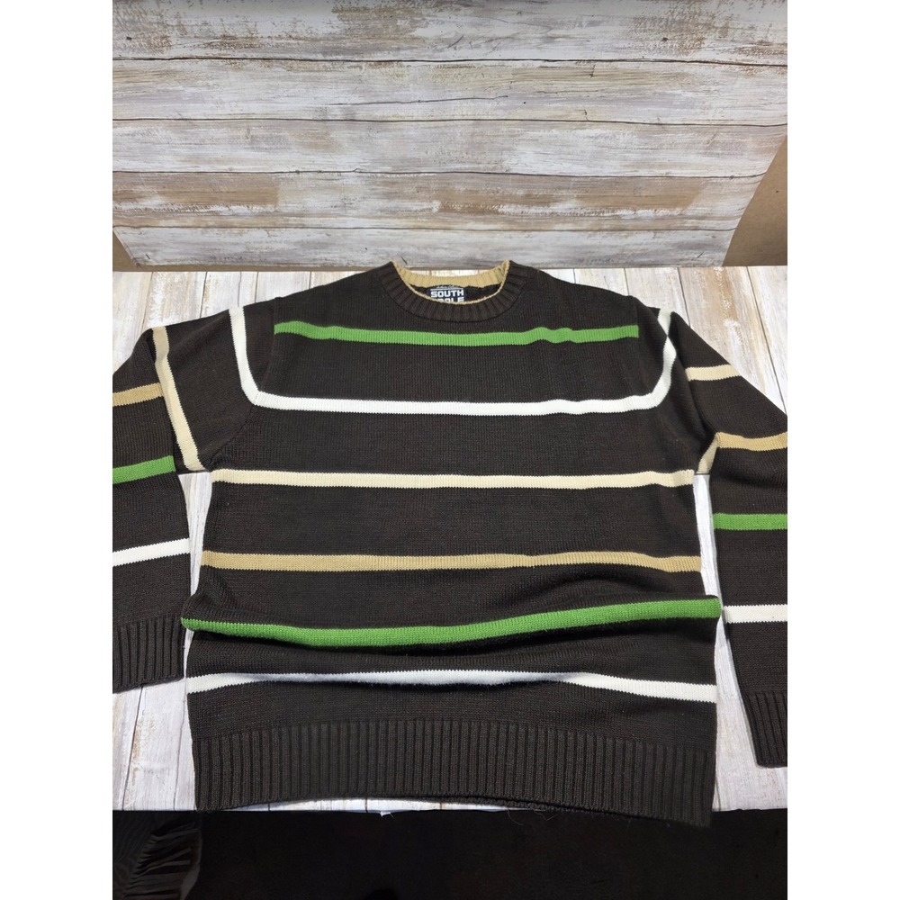 South Pole Mens Striped Long Sleeve Crew Neck Sweater‎ Size M Brown Green Tan